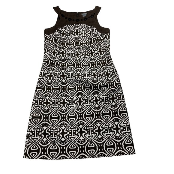 Brown & White Geometric Pattern Sleeveless Dress size 6P With Black Jewel Trim - Picture 6 of 13